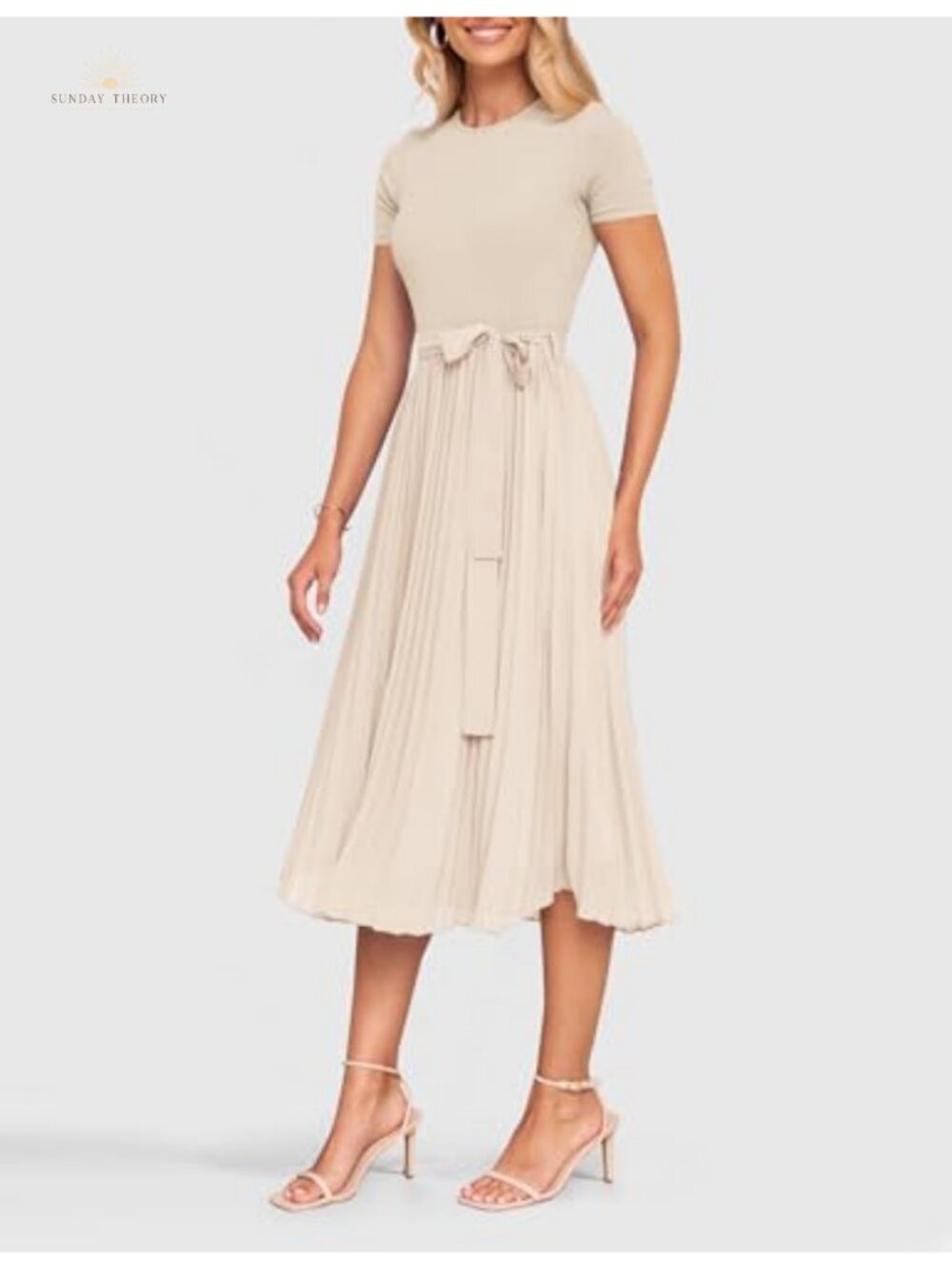 ZESICA Rib Knit Midi Dress Short Sleeve A-Line Chiffon - Picture 4 of 6